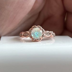 Elegant Opal Halo Flower Lace Ring- Rose Gold